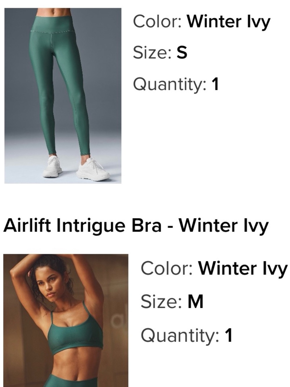 Alo Winter Ivy Airlift Leggings small and Bra medium Set